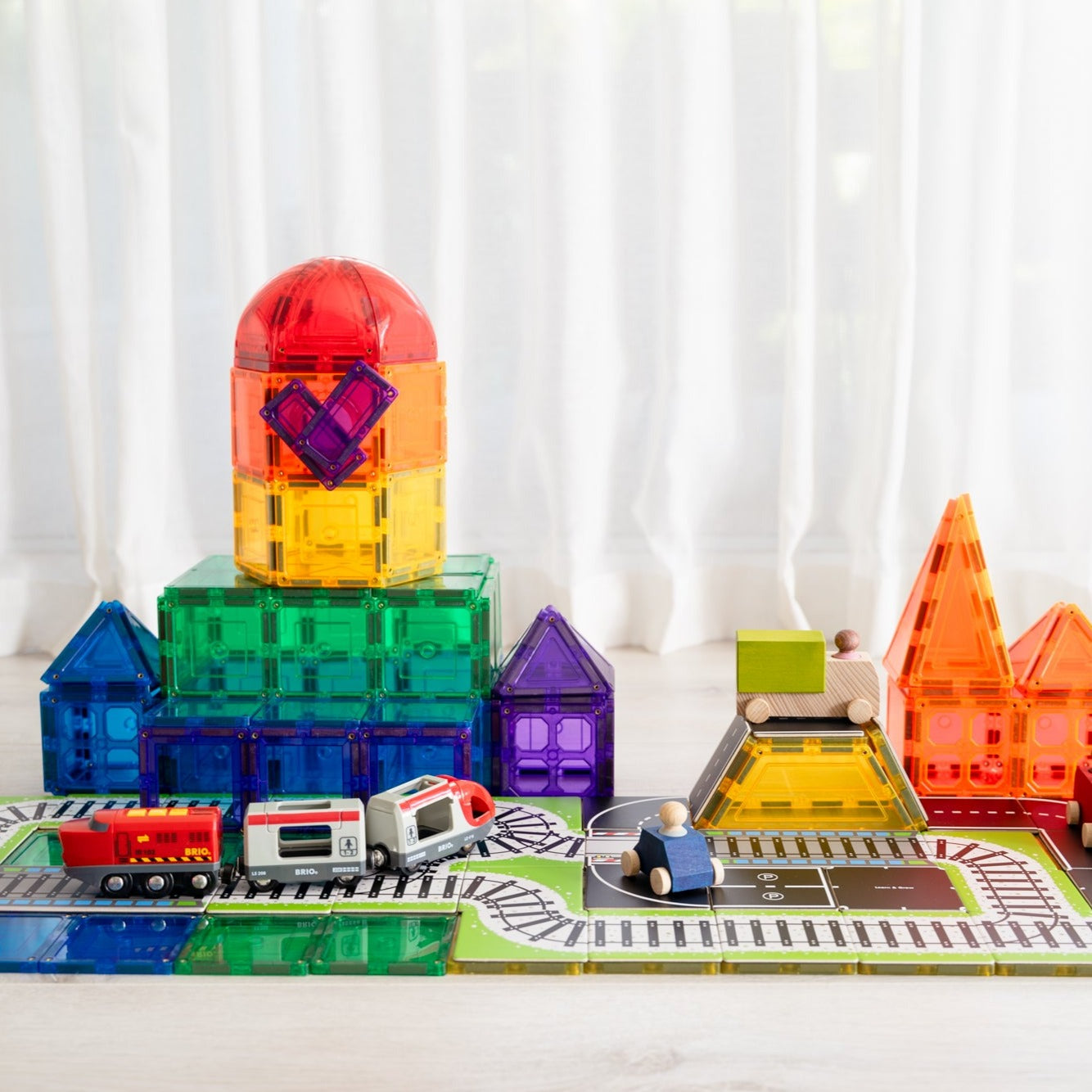 36 Piece Train Pack magnetic tile train build close-up