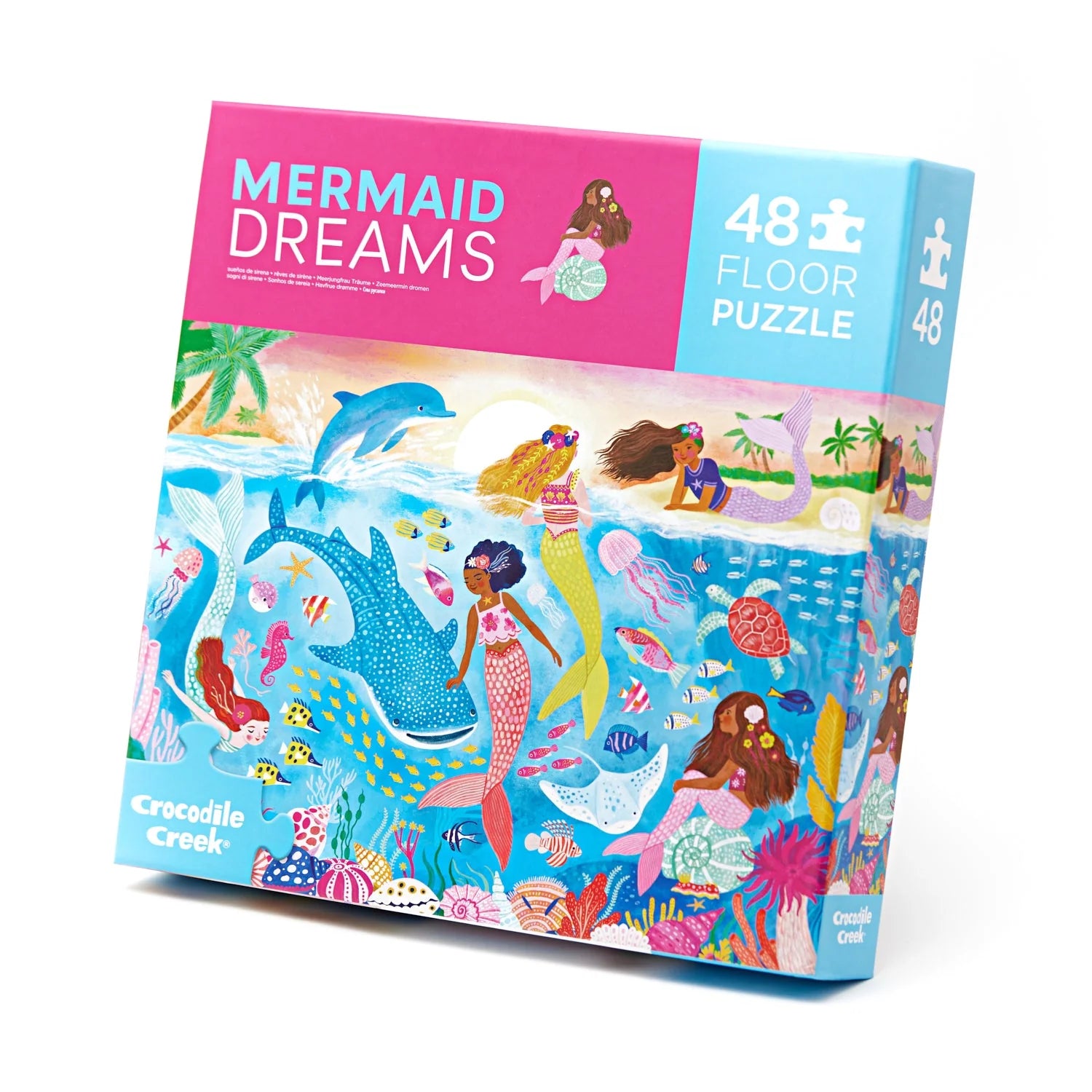Mermaid Dreams 48-piece floor puzzle packaging with colorful mermaid illustrations on a white background.