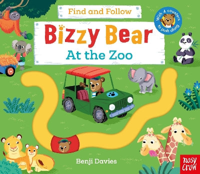 Bizzy Bear Find and Follow At the Zoo board book cover