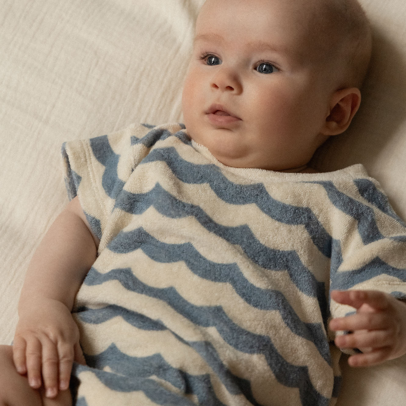 Juno Romper Terry in Waves Print, worn