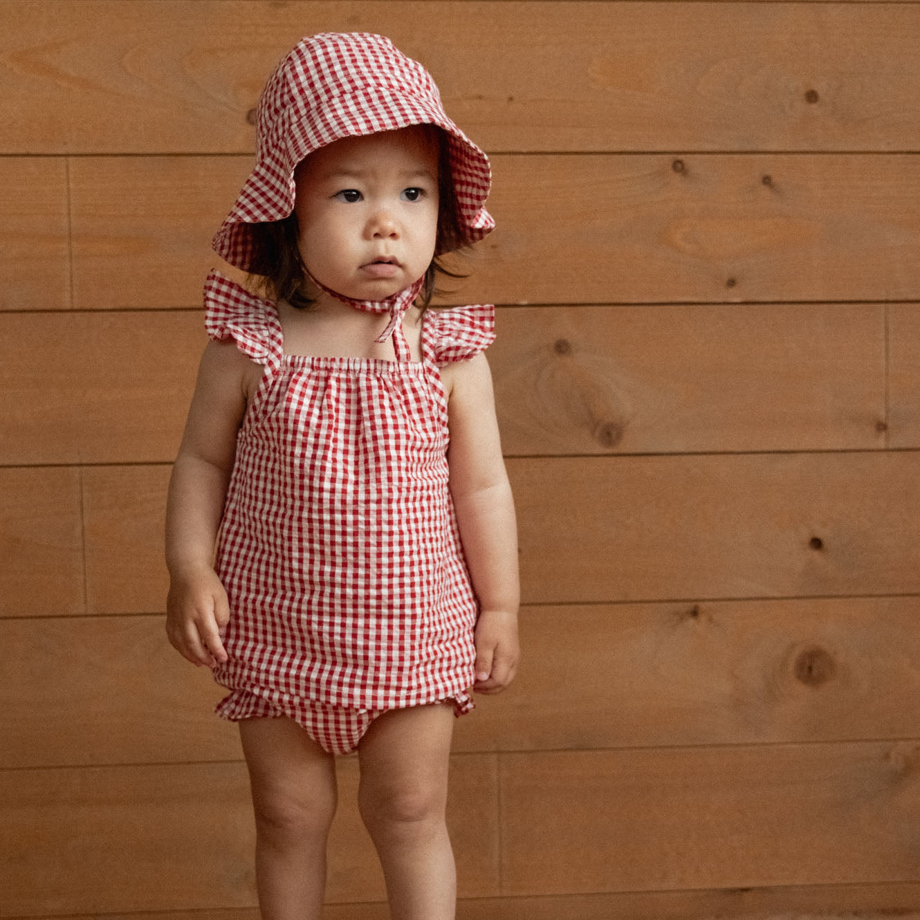 Petal Set in Red Gingham, worn