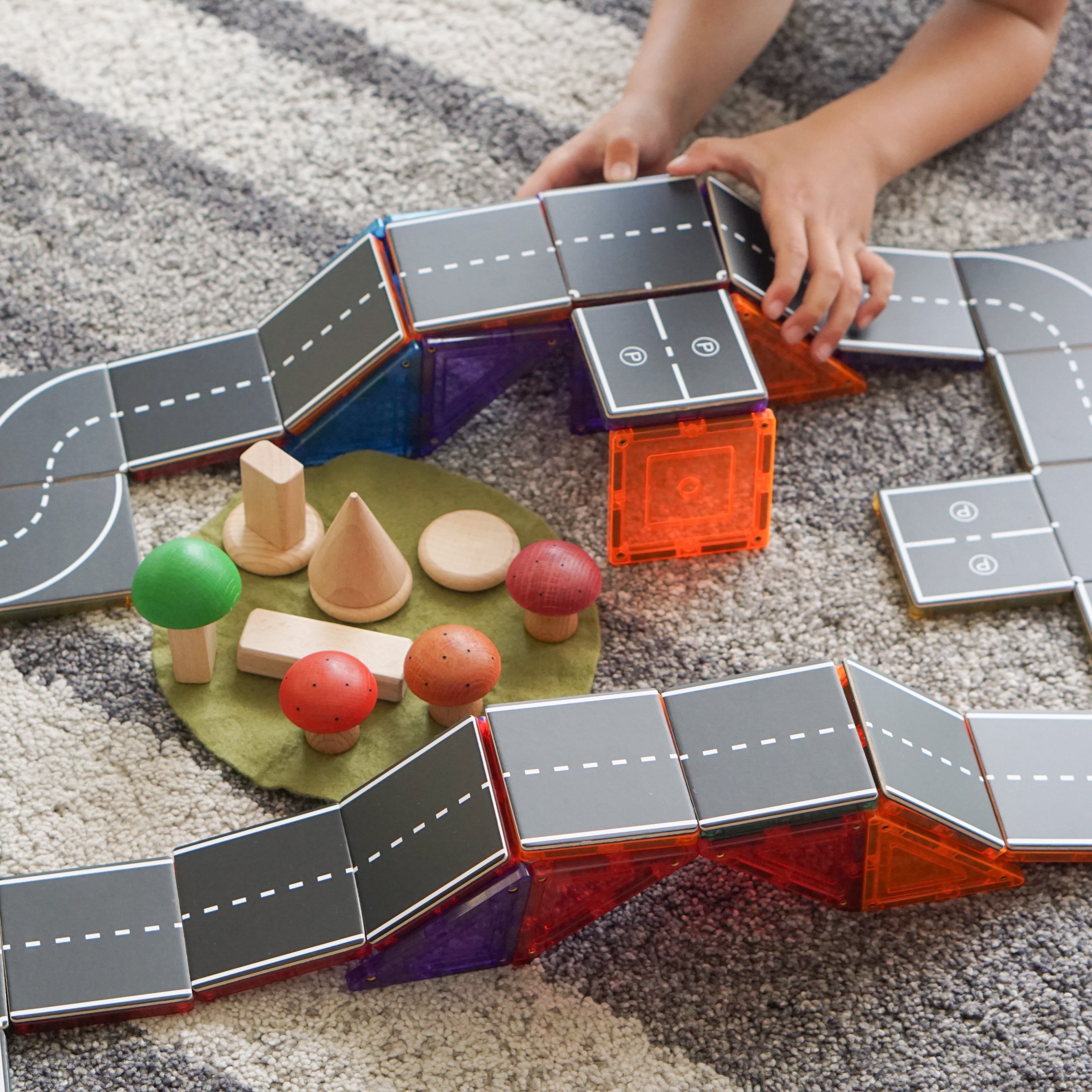 Road Pack magnetic tile toppers in imaginative play