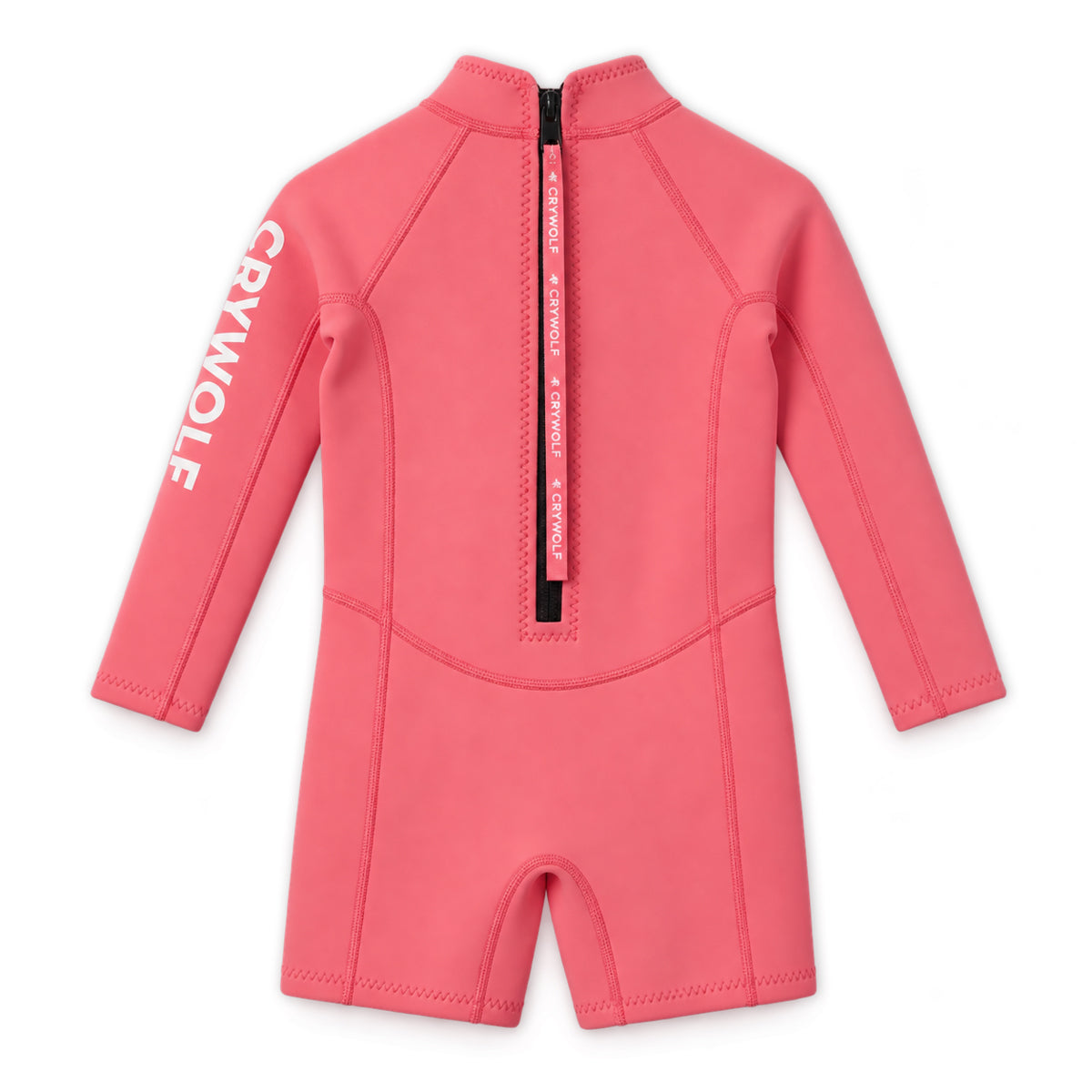 Crywolf kids long sleeve wetsuit in Flamingo Pink, back view showing the YKK zip
