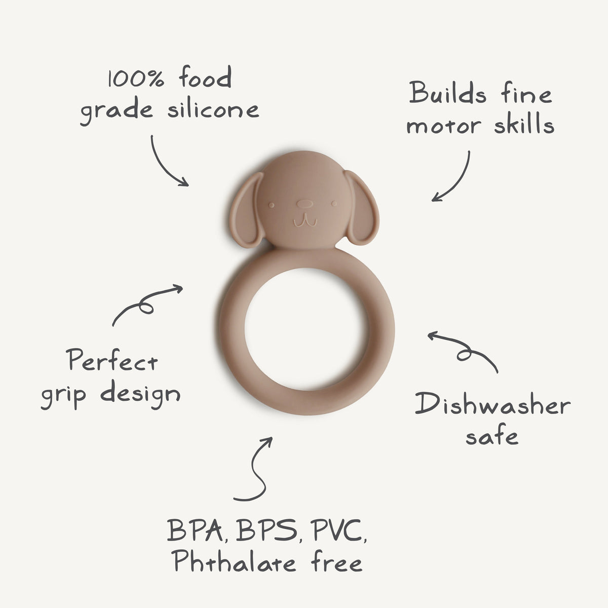 Mushie Dog Teether features