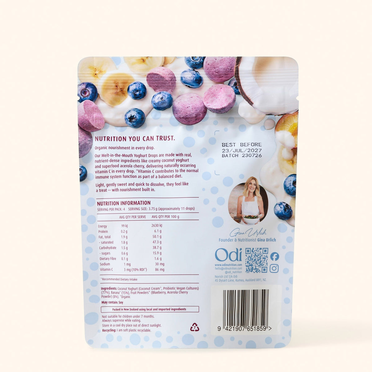 Baby eating Odi Organic Blueberry Yoghurt Drops
