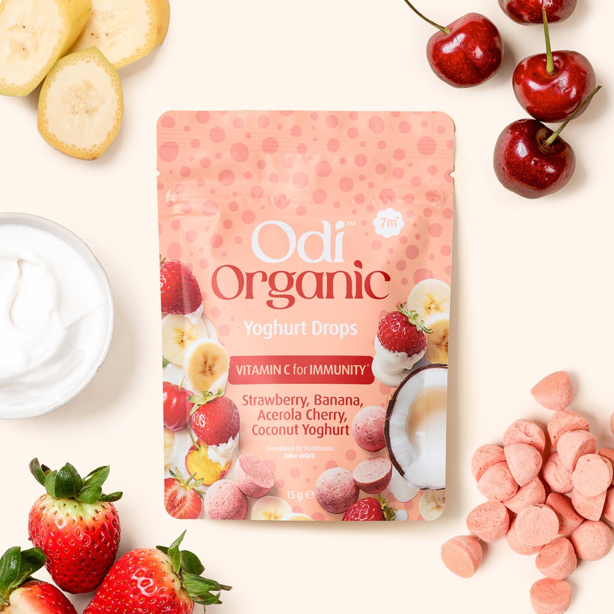 Odi Organic Strawberry Yoghurt Drops nutrition panel