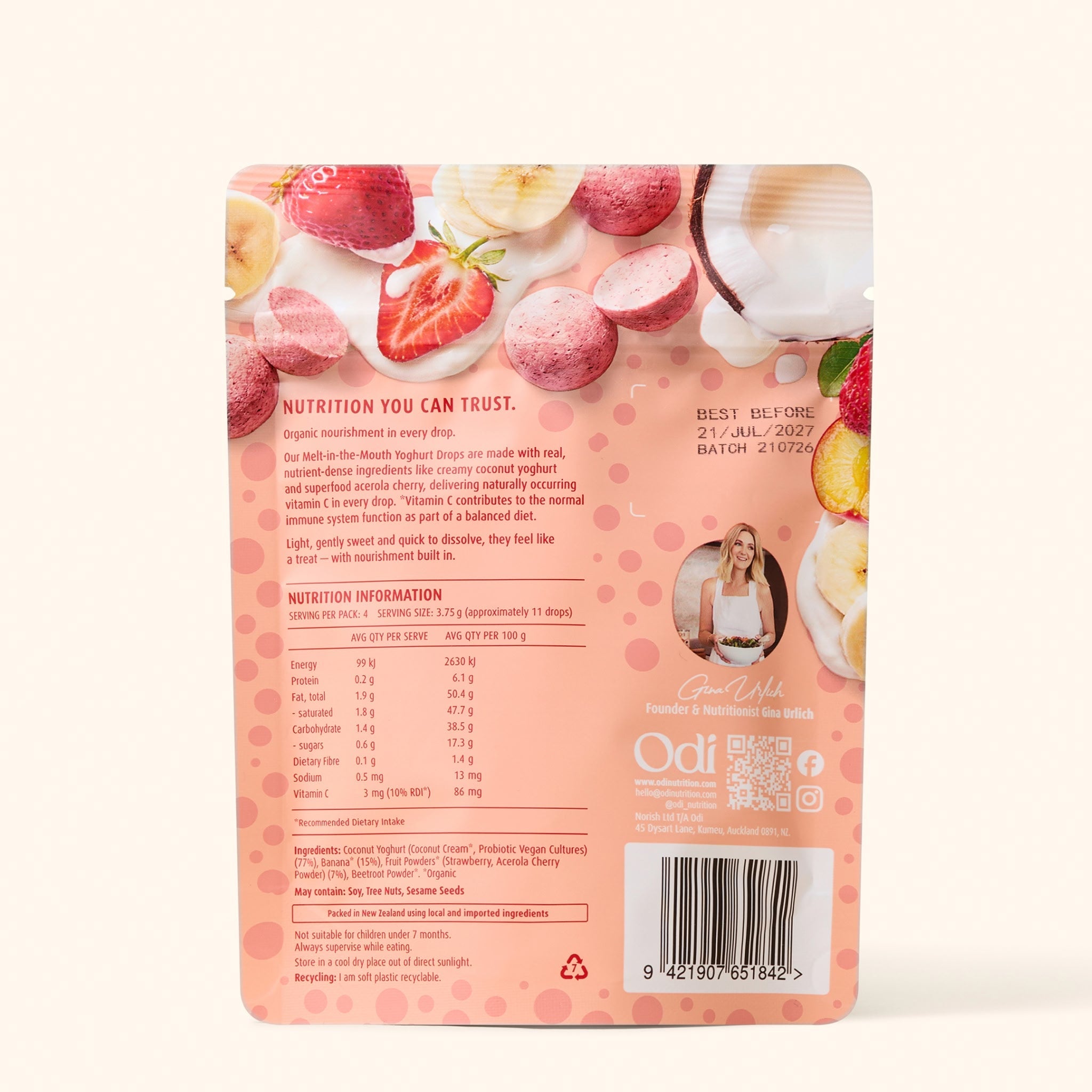 Baby eating Odi Organic Strawberry Yoghurt Drops
