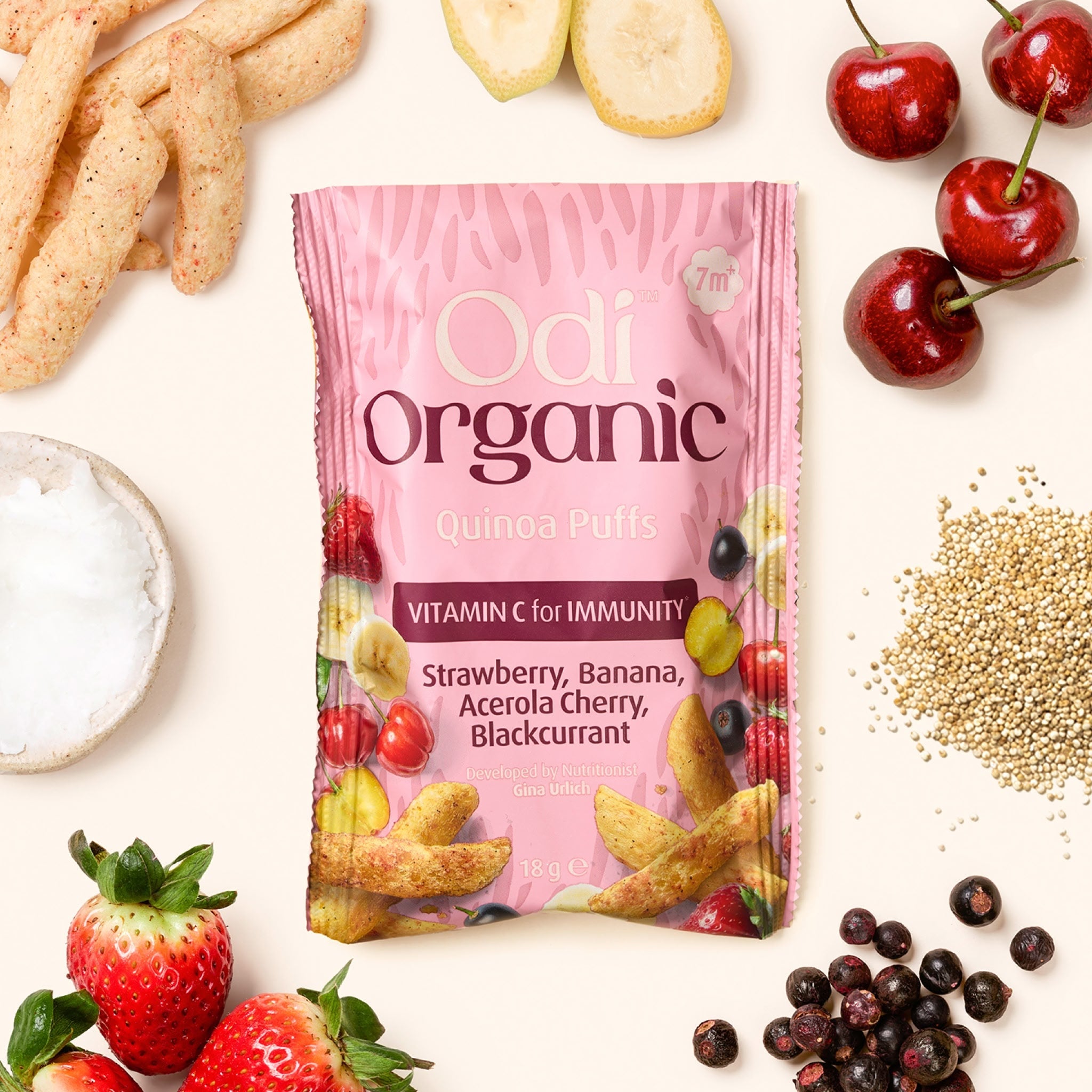 Odi Organic Berry and Banana Quinoa Puffs nutrition panel