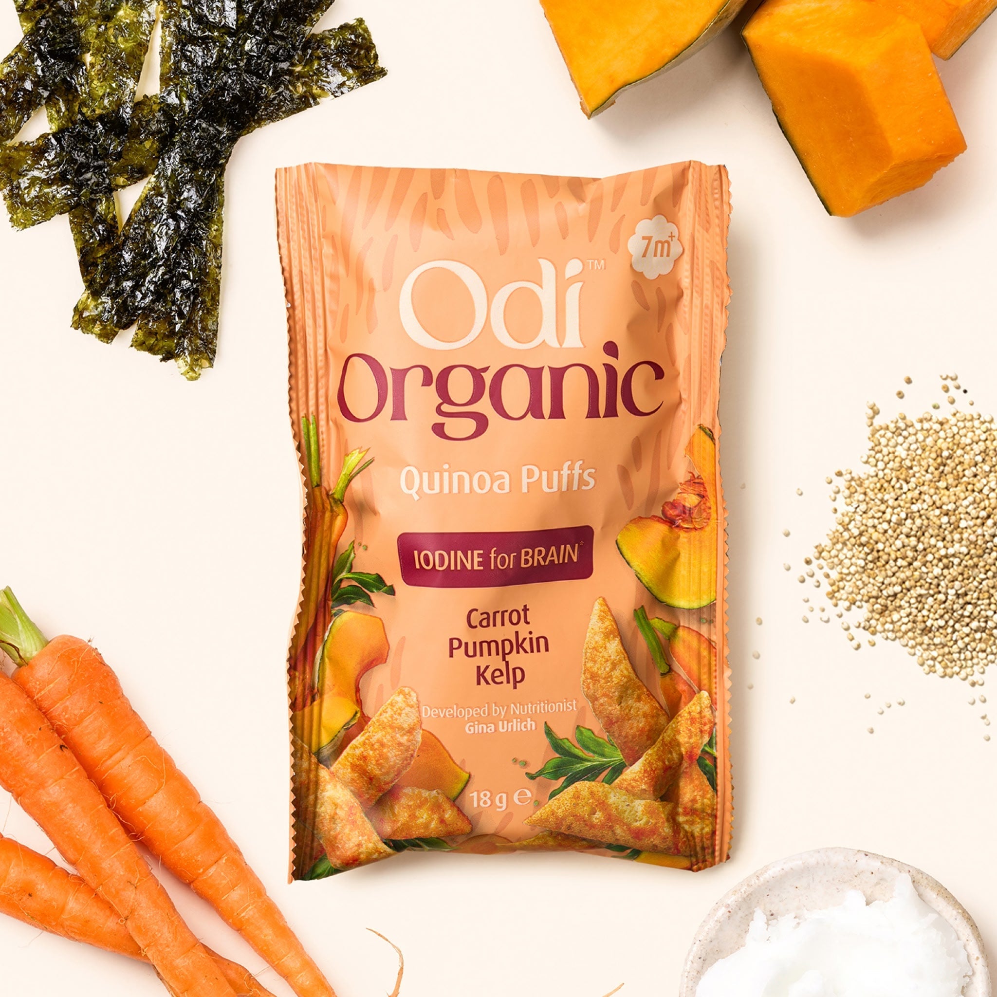 Odi Organic Carrot, Pumpkin and Kelp Quinoa Puffs nutrition panel