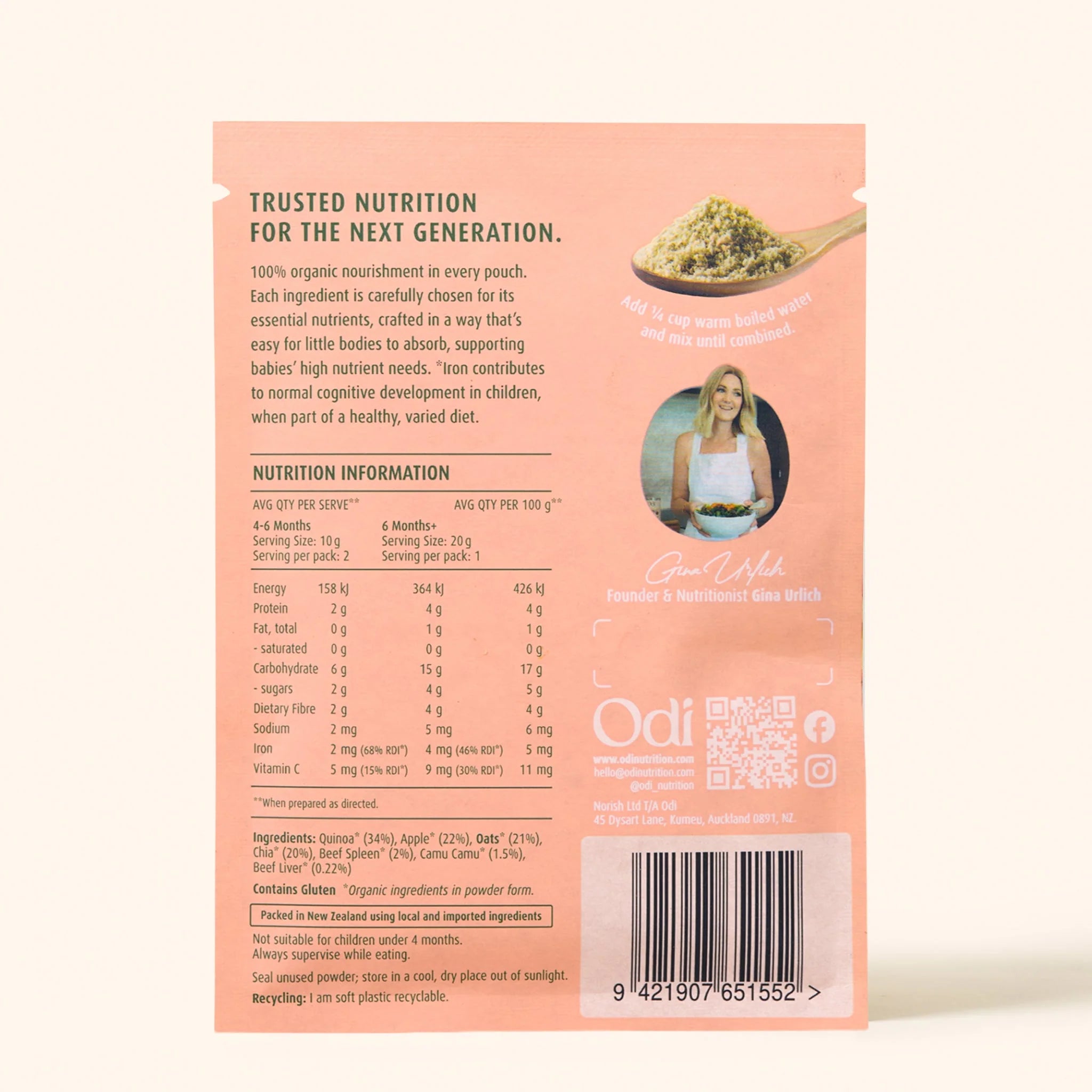 odi nutrition organic baby cereal puree powder sachet