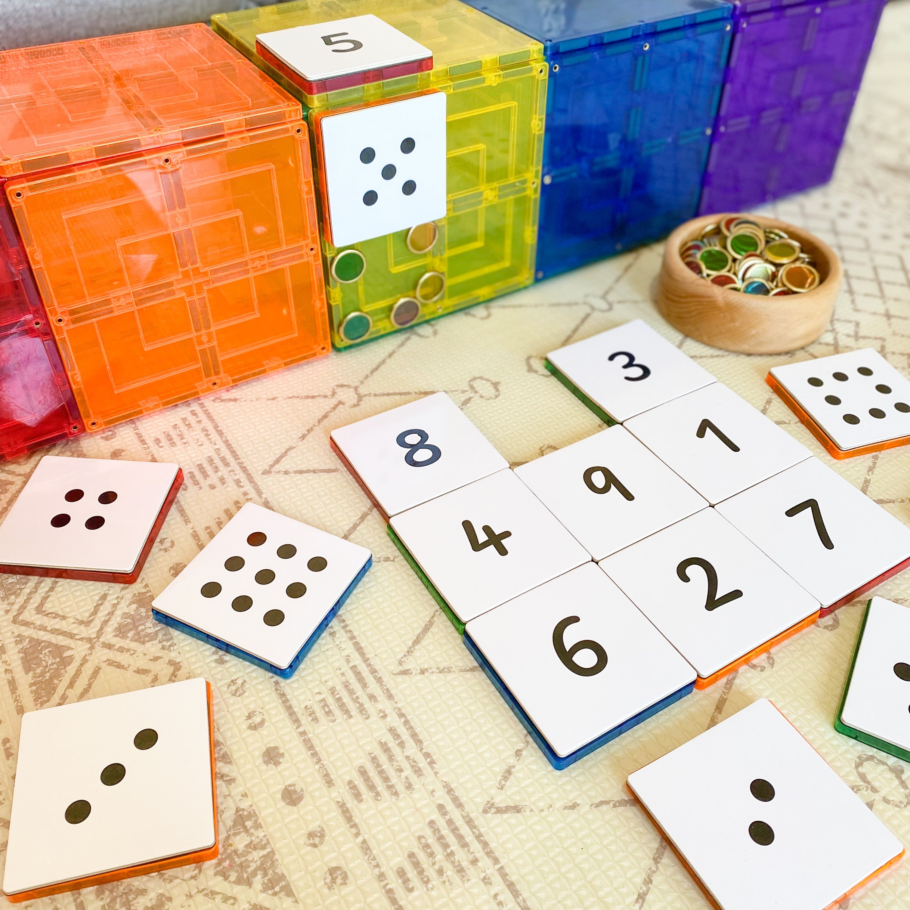 Numbers Pack toppers set up with rainbow magnetic tile cubes