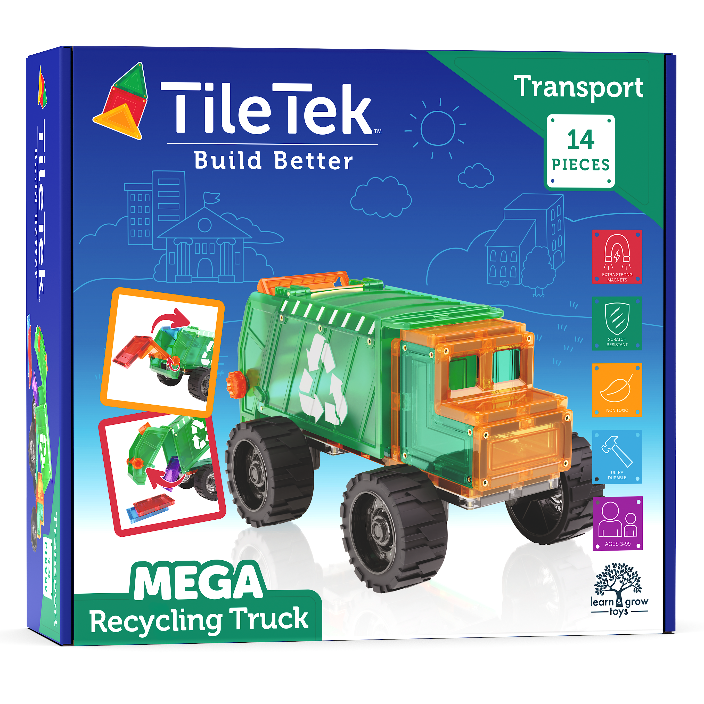 14 Piece Mega Recycling Truck magnetic tile garbage truck on a white background