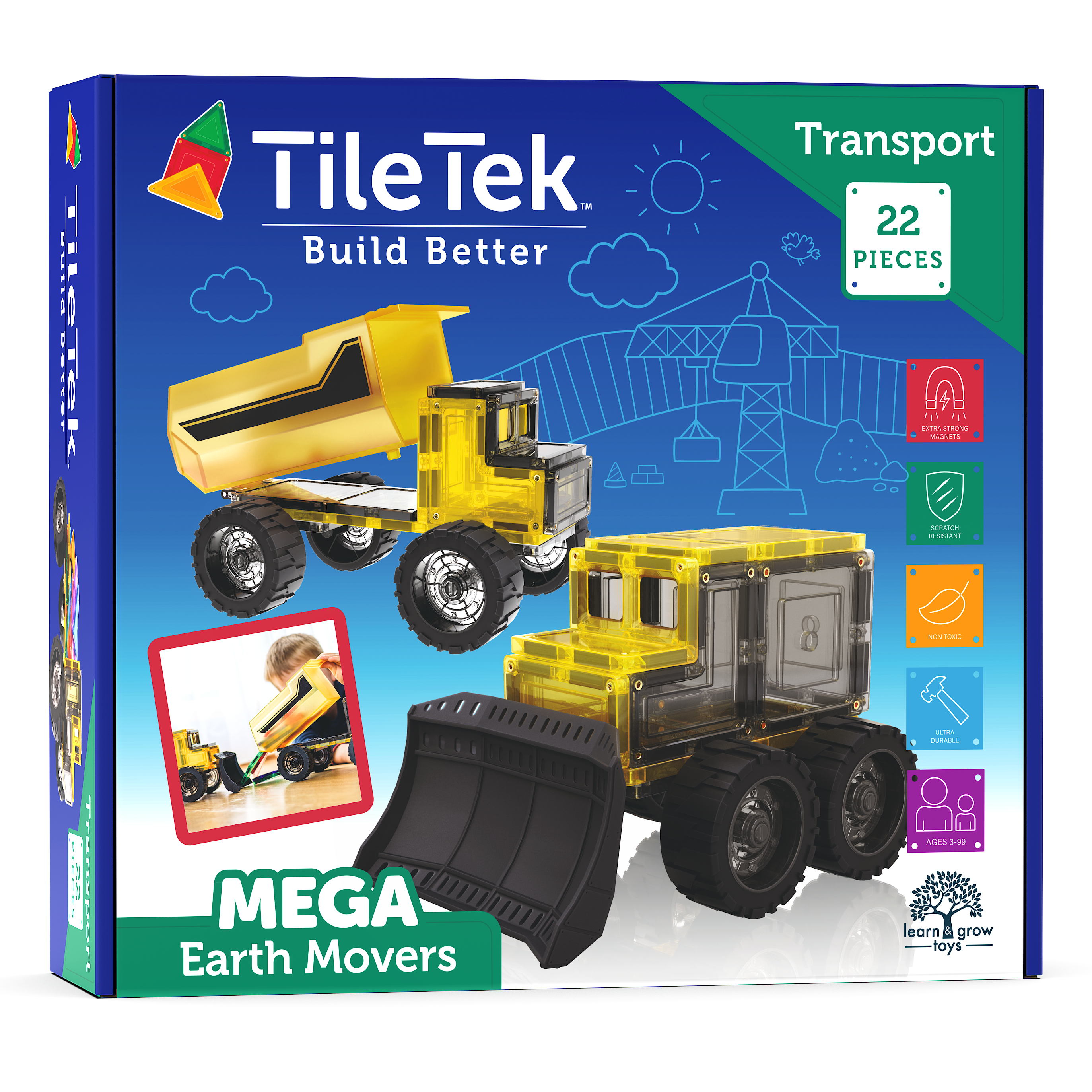 22 Piece Mega Earth Movers magnetic tile dump truck and bulldozer on a white background