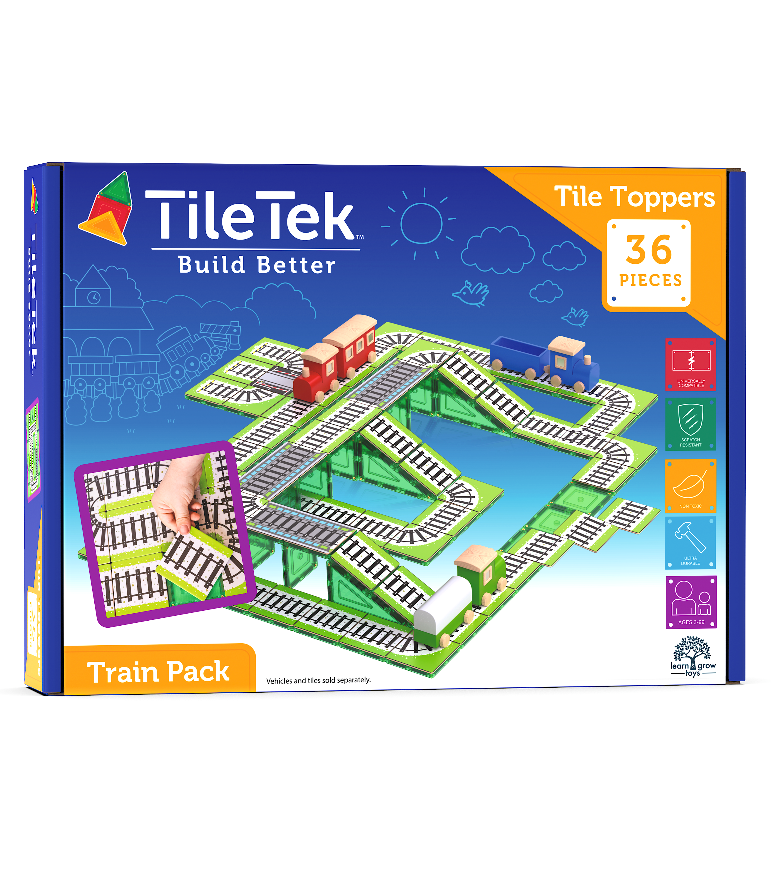 36 Piece Train Pack magnetic tile toppers on a white background