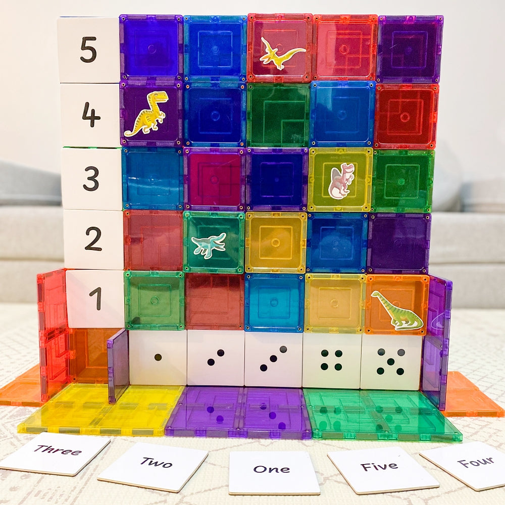 Numbers Pack toppers on a large rainbow magnetic tile square