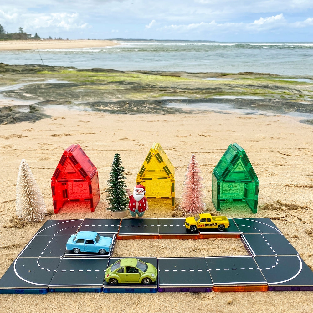 Road Pack tile toppers set up in a festive beach play scene