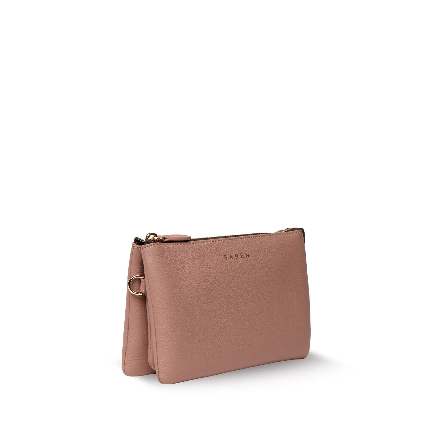 A dusty pink leather clutch bag with a top zipper and a small gold-tone logo on the front, shown against a plain white background.