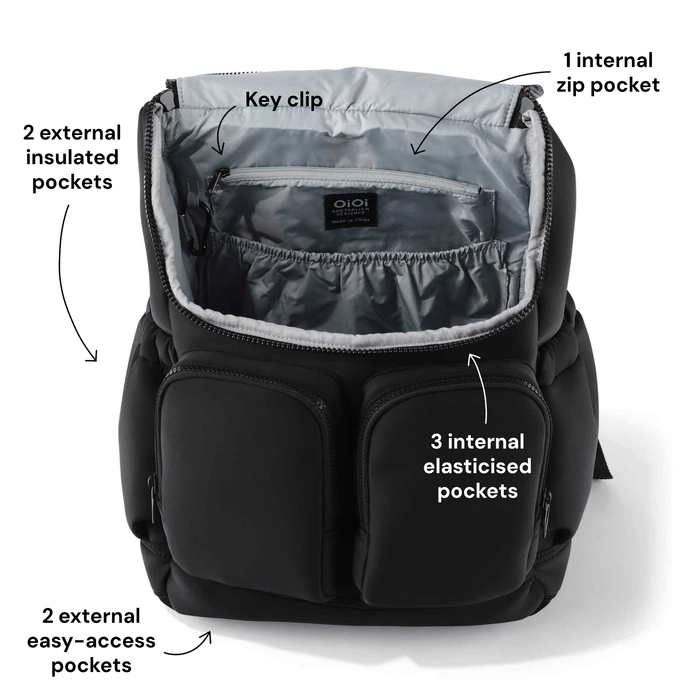 Oioi signature nappy backpack in black neoprene