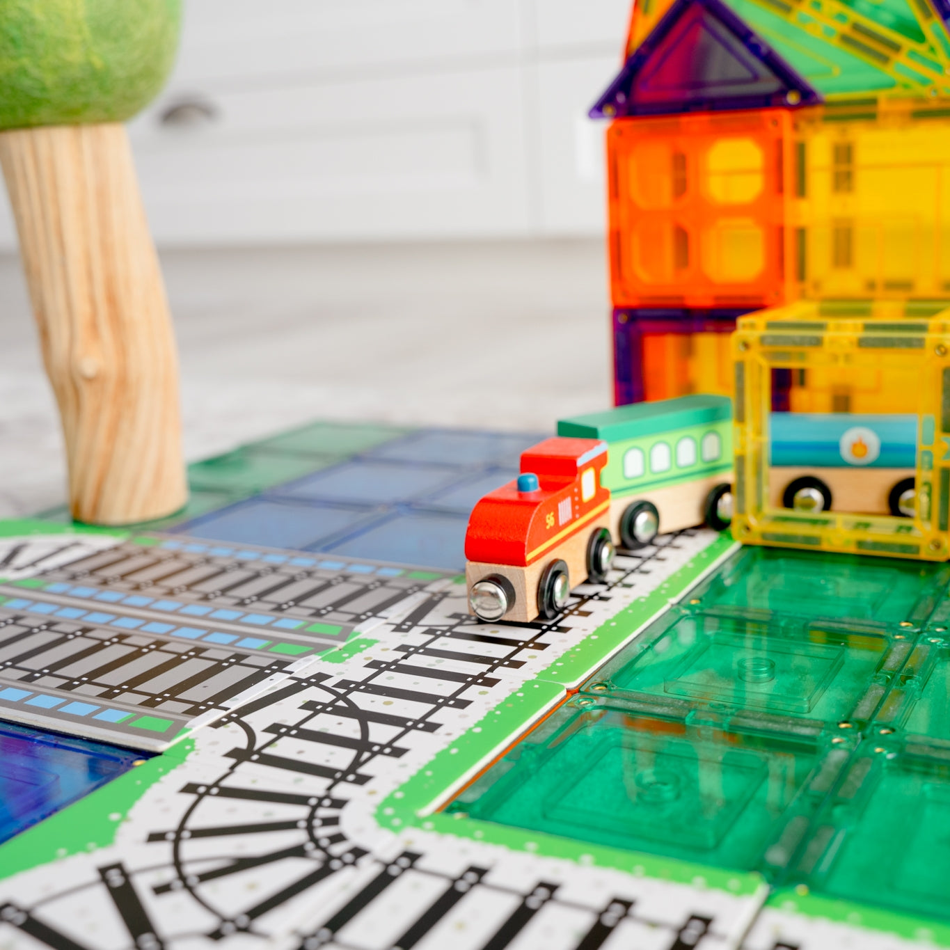 Train Pack topper play scene with a magnetic tile station and felt trees