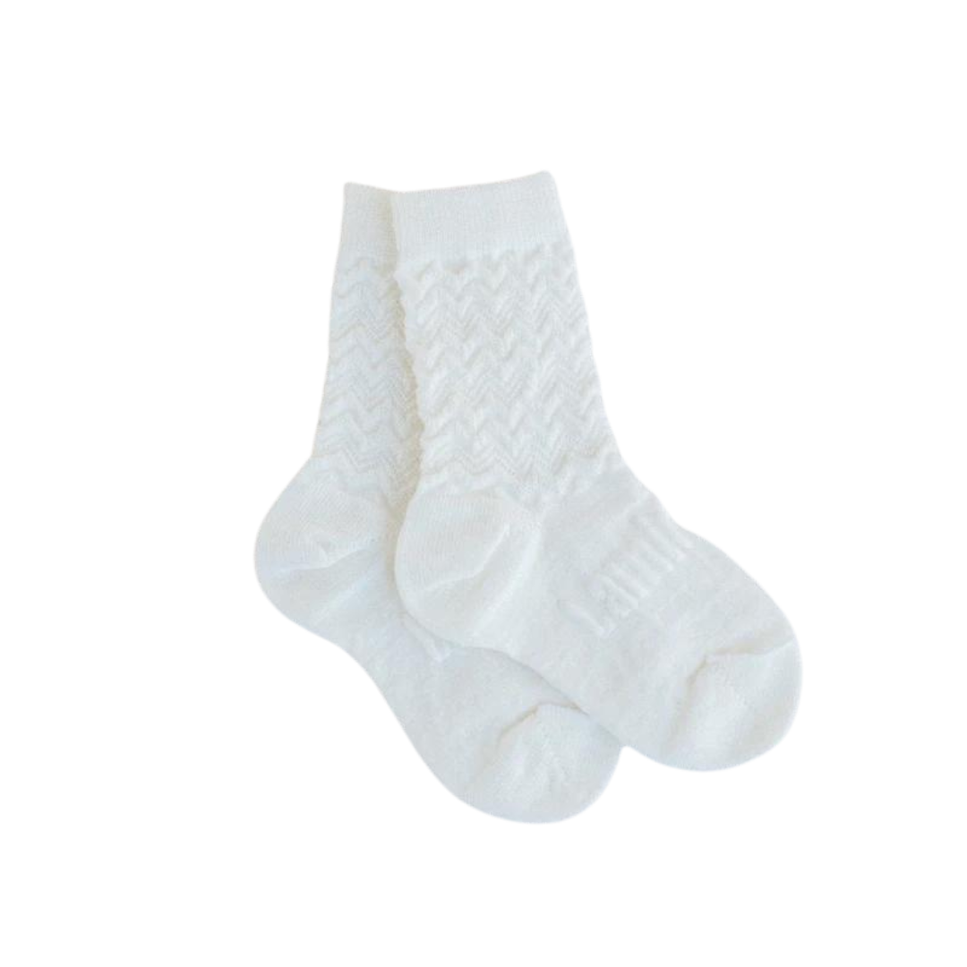 Lamington Merino Crew Socks - Pearl White Zig Zag