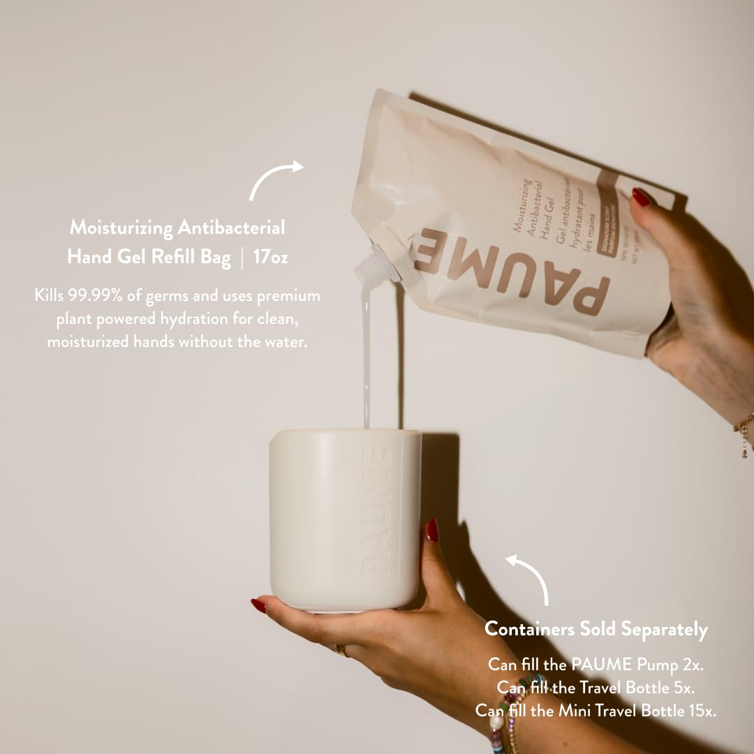 Person holding a PAUME hand sanitizer refill bag over a container with text about the product.