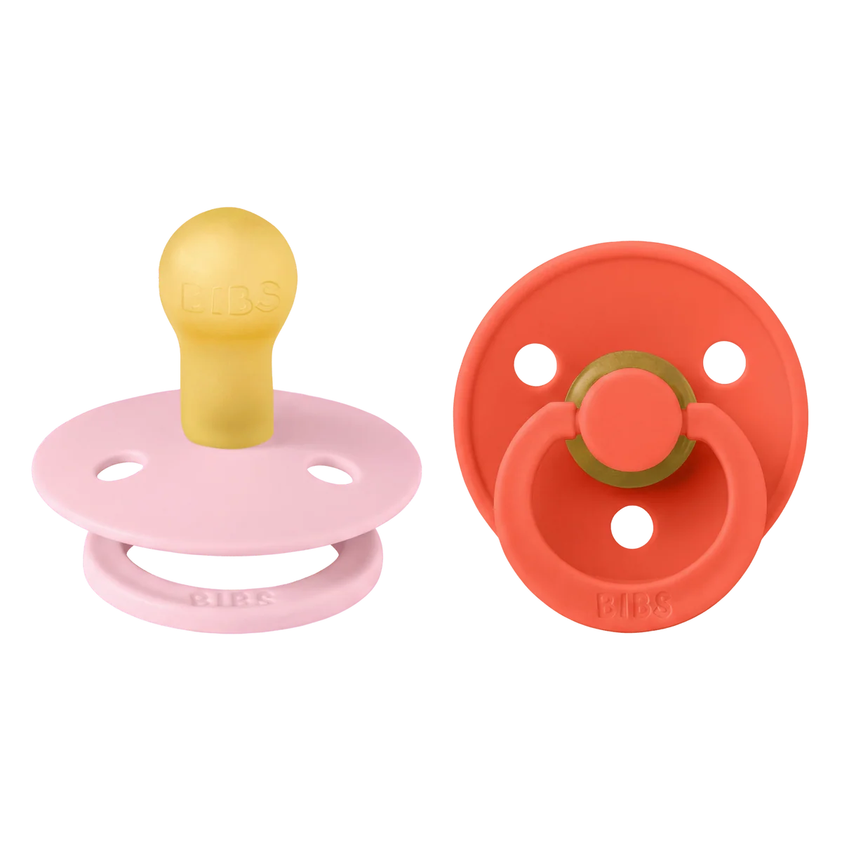 bibs round colour glow pacifiers in baby pink and tango