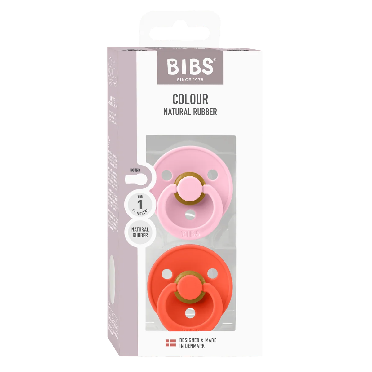bibs round colour glow pacifiers in baby pink and tango
