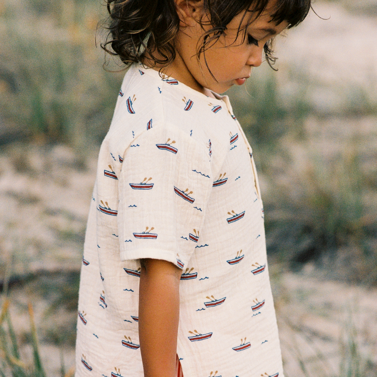 Caravan Shirt Muslin in Row Boats Print worn by child