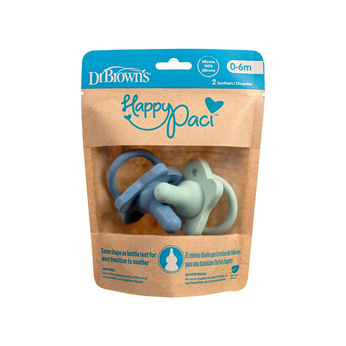 Dr Brown's HappyPaci Silicone Soother 2 Pack Blue and Green packaging