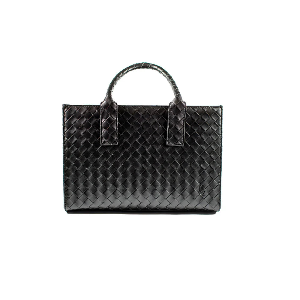 Black woven handbag on a white background