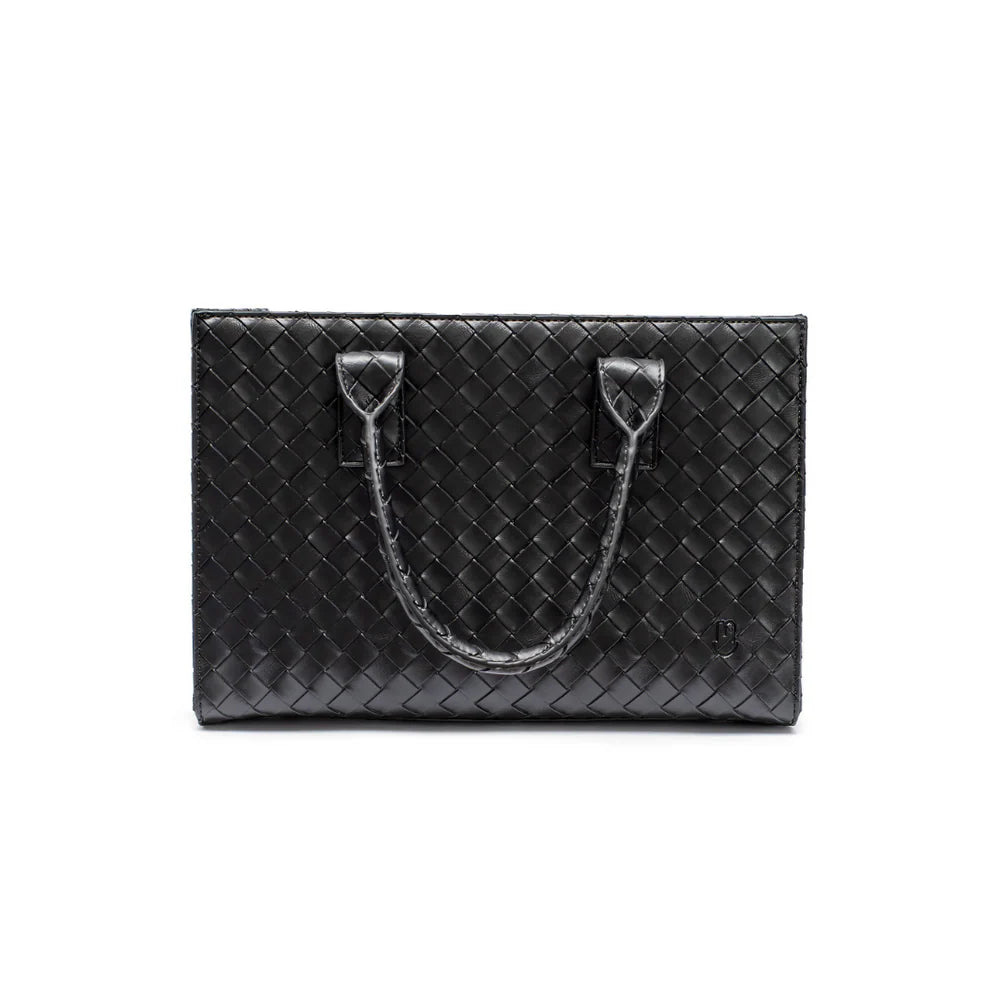 Black woven handbag on a white background