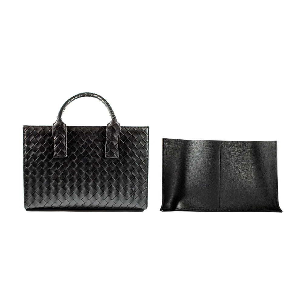 Black quilted handbag and black clutch on a white background