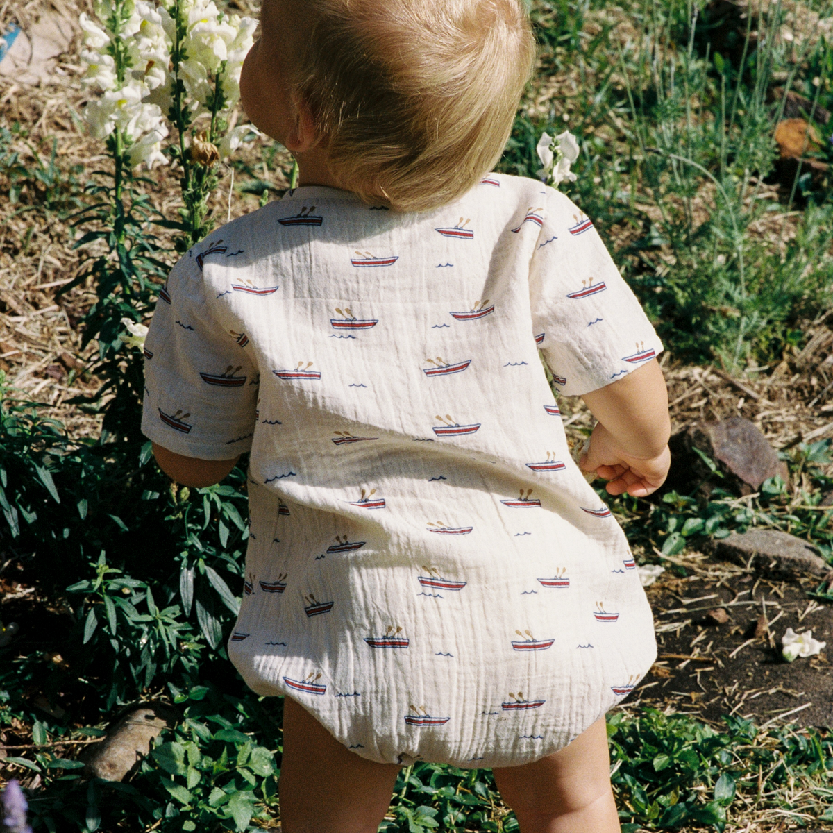 Monty Suit Muslin in Row Boats Print worn by baby