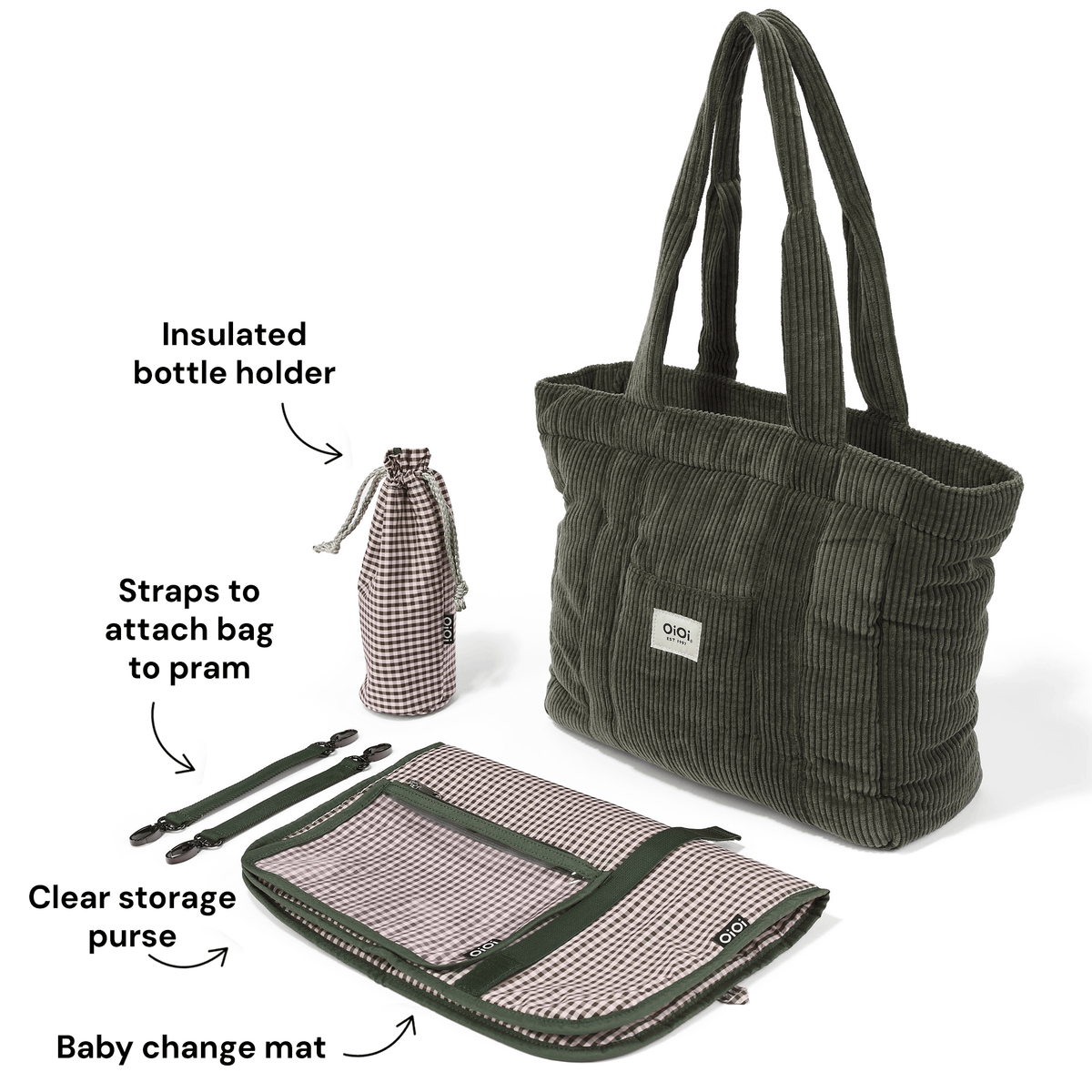 OiOi Everyday Tote in moss green with included change mat, insulated bottle holder, clear purse and stroller straps