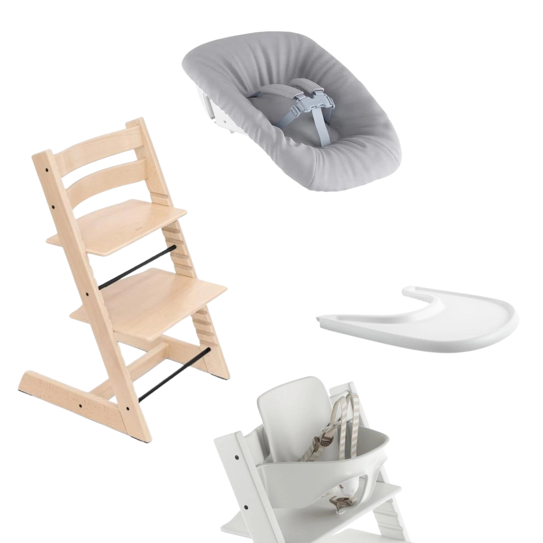 Stokke Tripp Trapp Newborn Set Bundle in Natural with White Baby Set and White Tray