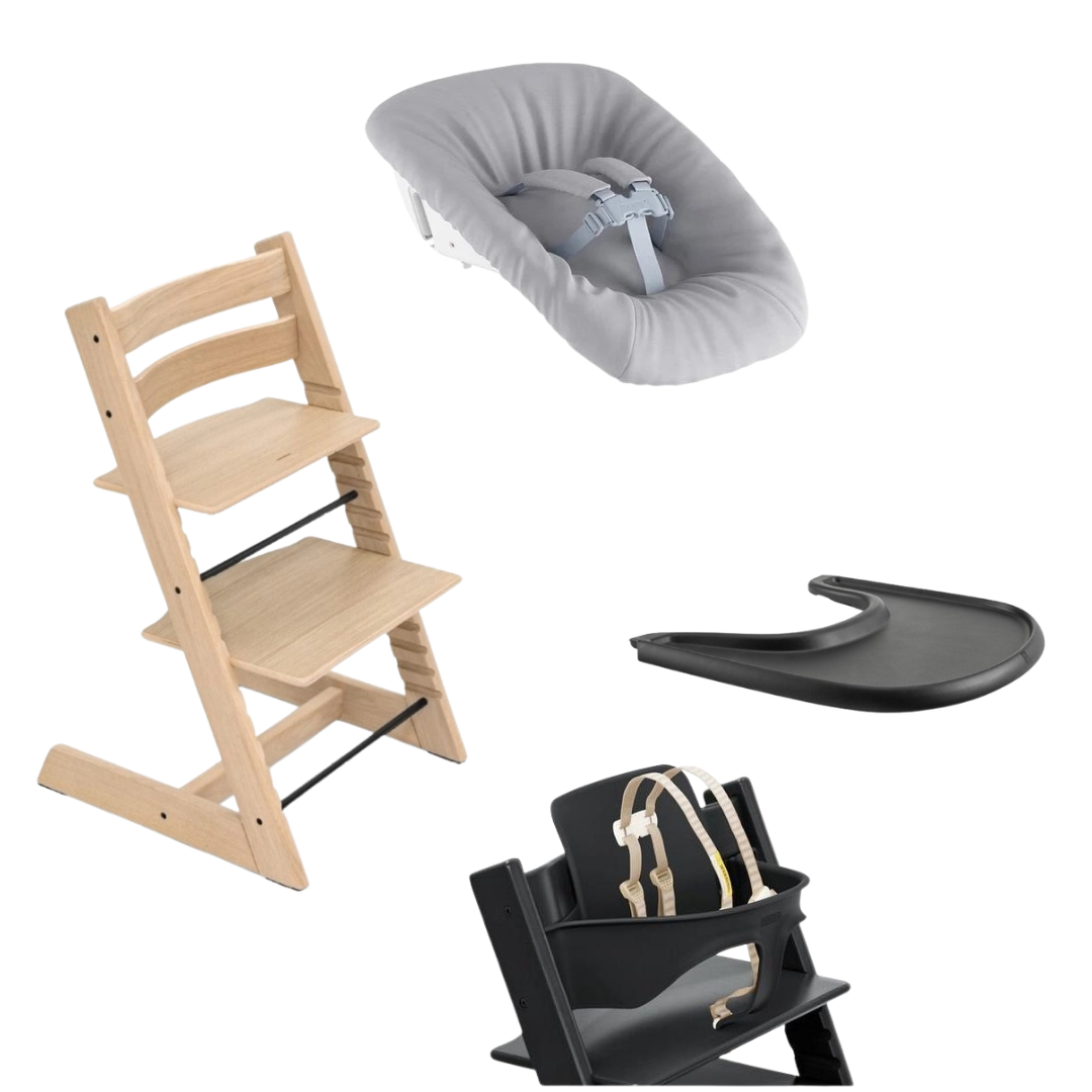 Stokke Tripp Trapp Newborn Set Bundle in Natural Oak with Black Baby Set and Black Tray