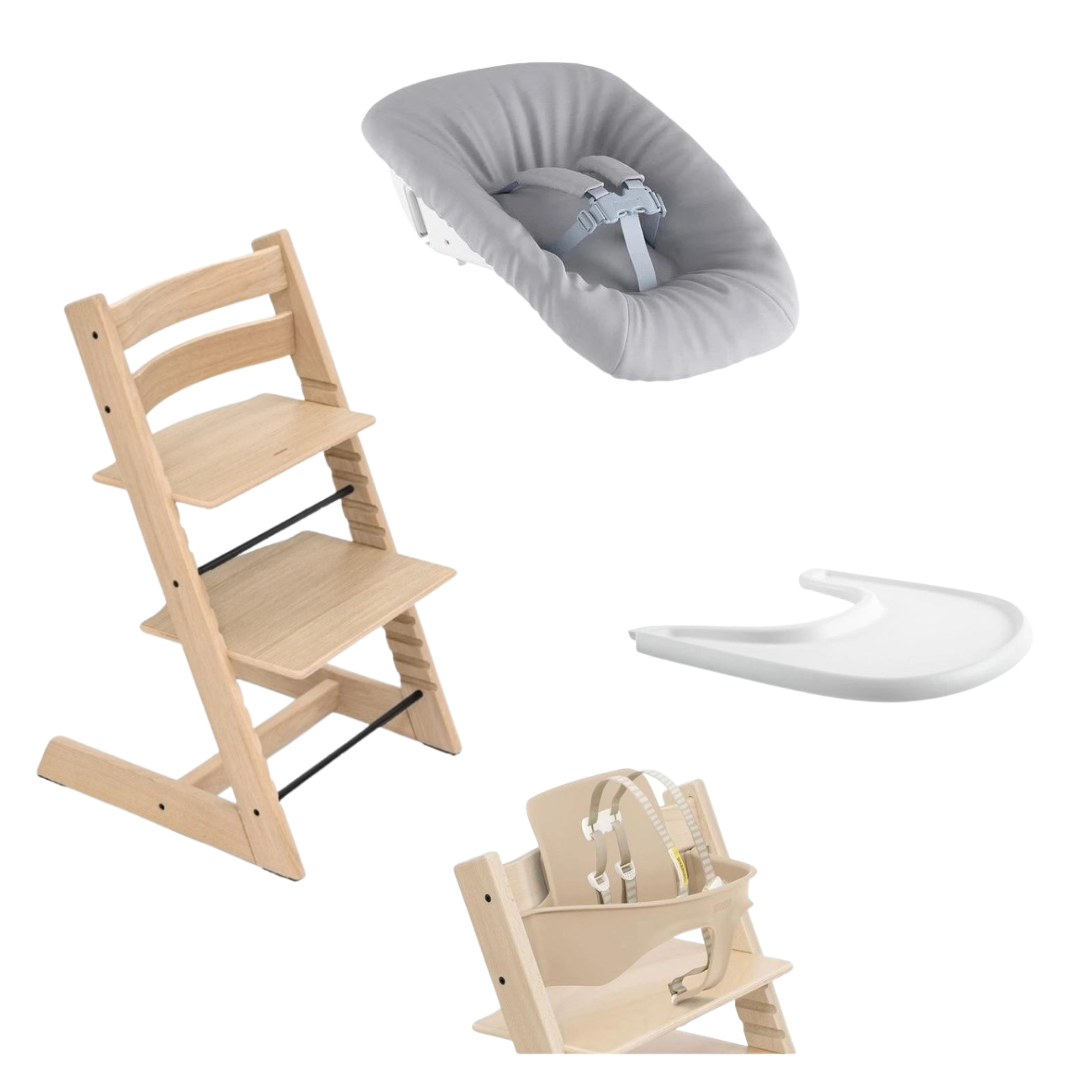 Stokke Tripp Trapp Newborn Set Bundle in Natural Oak with Natural Baby Set and White Tray