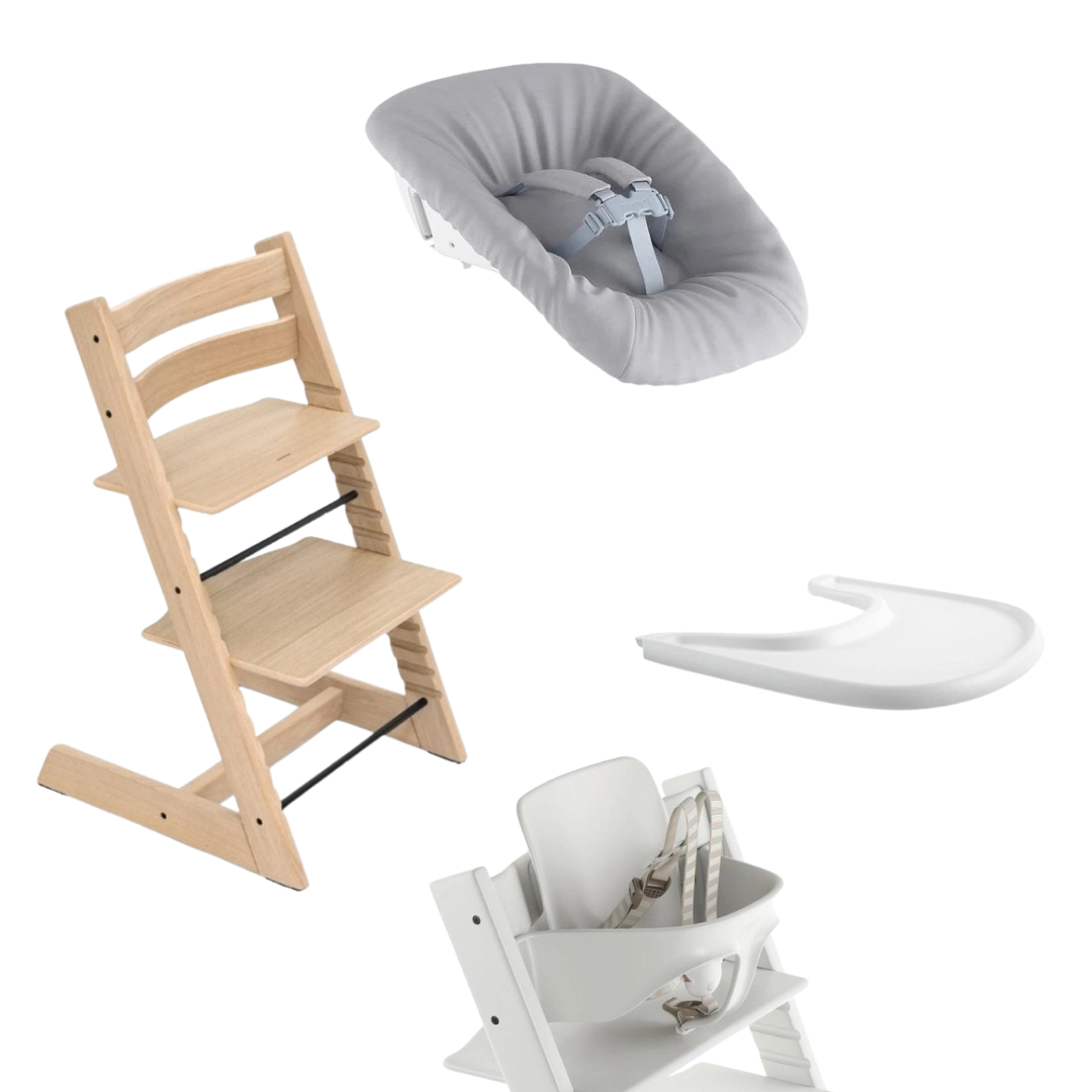 Stokke Tripp Trapp Newborn Set Bundle in Natural Oak with White Baby Set and White Tray
