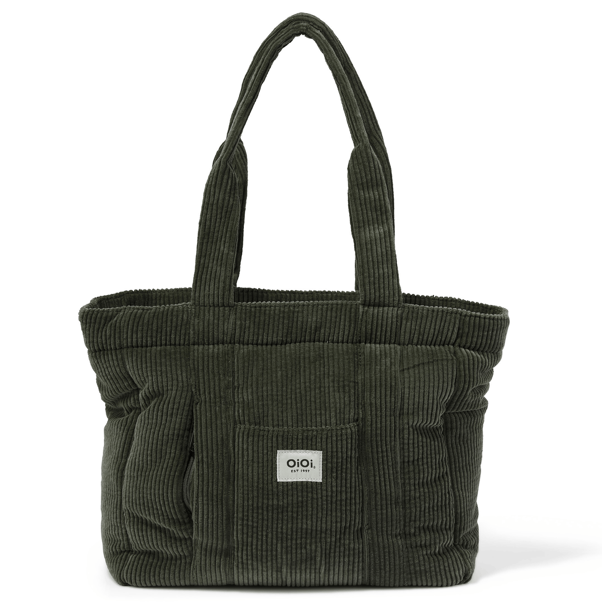 OiOi Everyday Tote nappy bag in moss green corduroy, front view