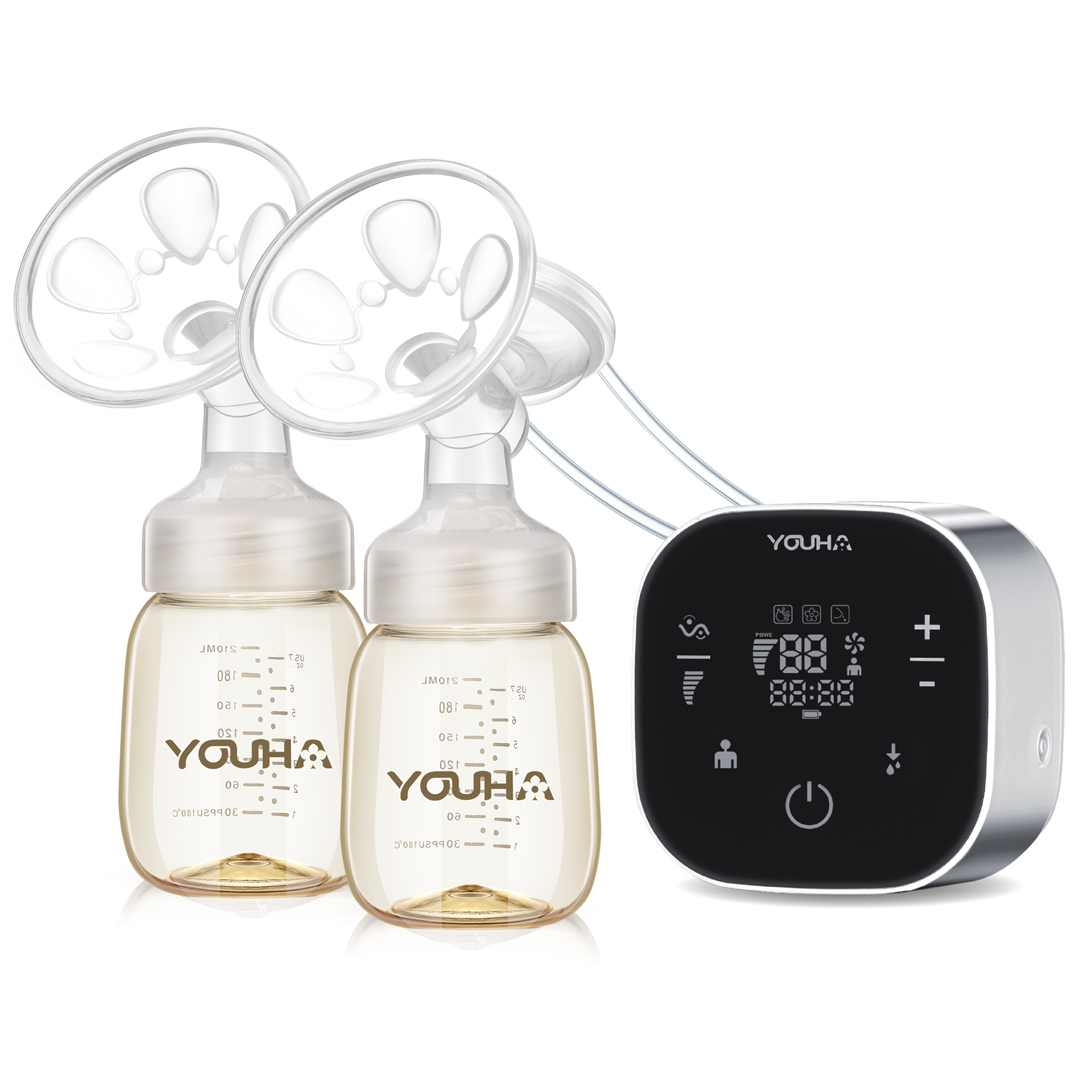 YOUHA breast pump with two bottles and a control panel on a white background