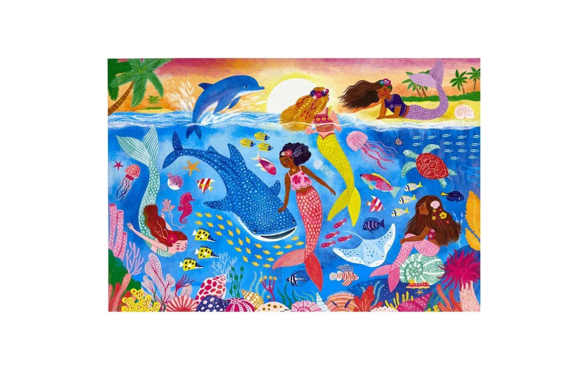 A colorful illustrated scene showing mermaids, dolphins, tropical palm trees, and a coral reef underwater, presented as a rectangular art print centered on a white background.