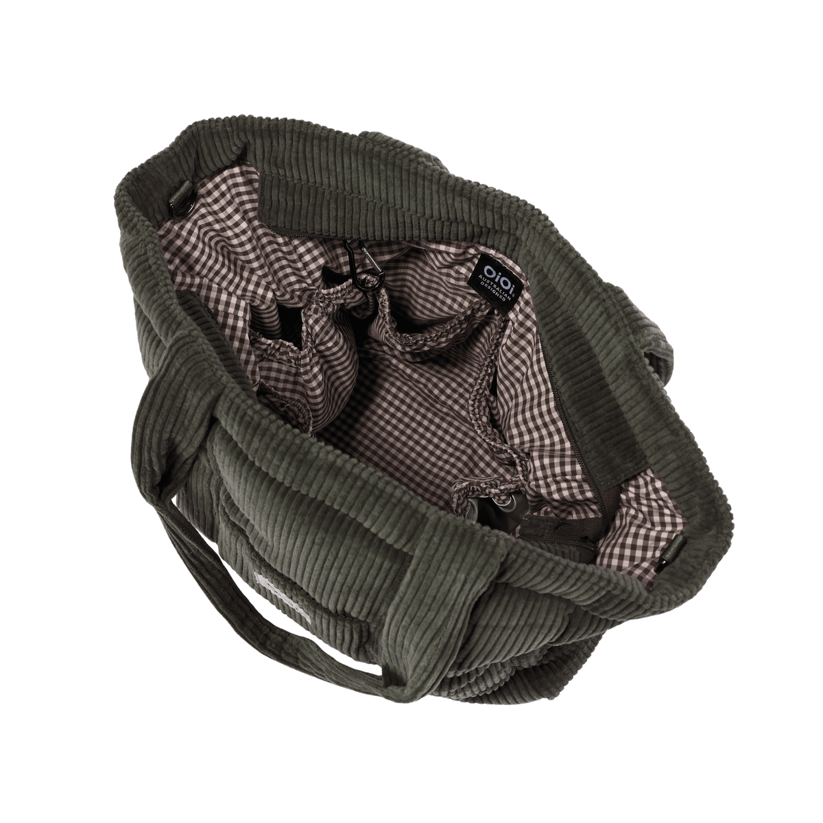 Interior of the OiOi Everyday Tote showing the water-resistant gingham lining and internal pockets