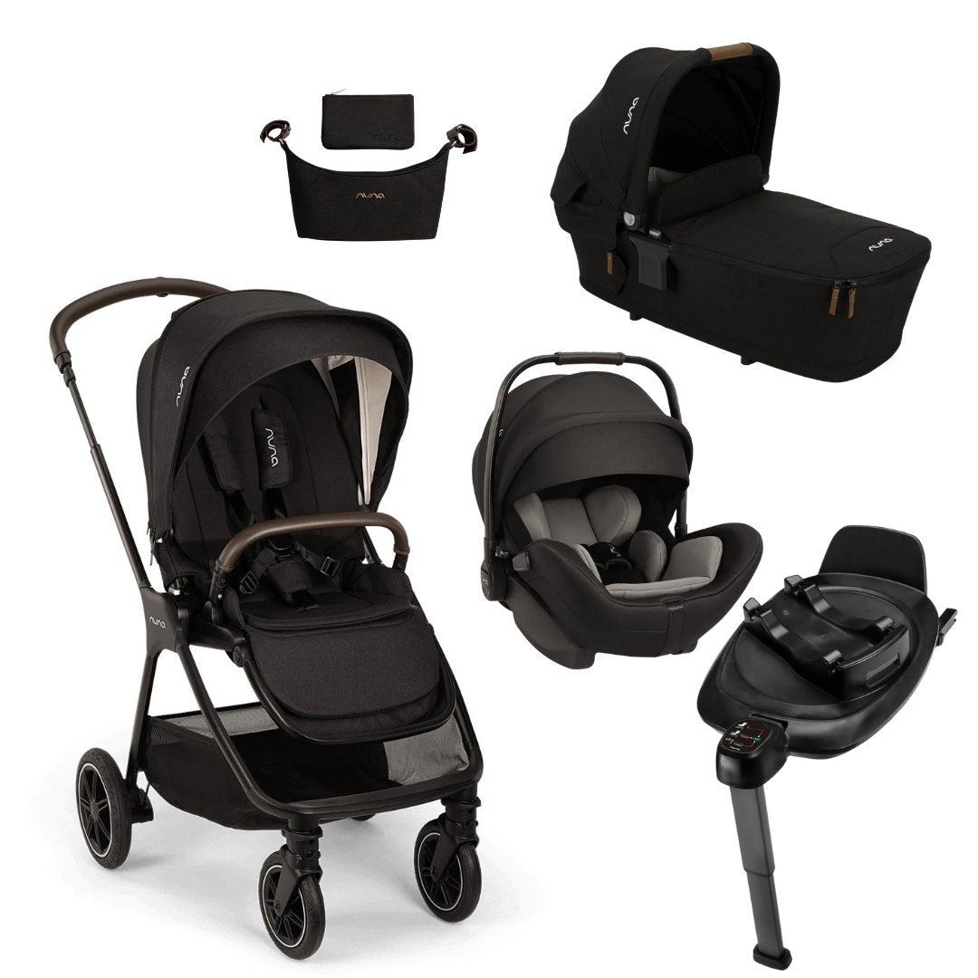 Nuna TRIV Next + ARRA Flex Bundle in Caviar: TRIV Next stroller, LYTL carry cot, ARRA Flex capsule, Base Next and stroller organiser