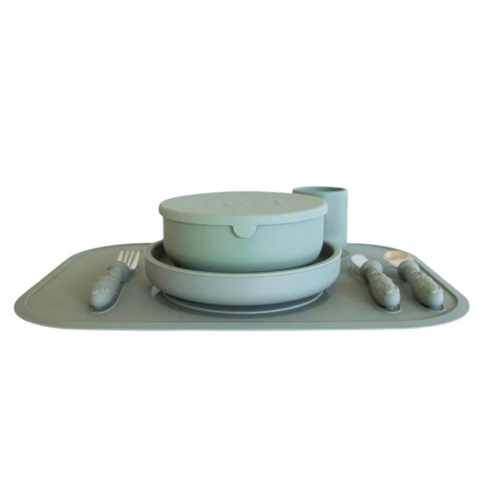 Zazi Clever Bundle with sage mat, cup, plate and bowl with cutlery