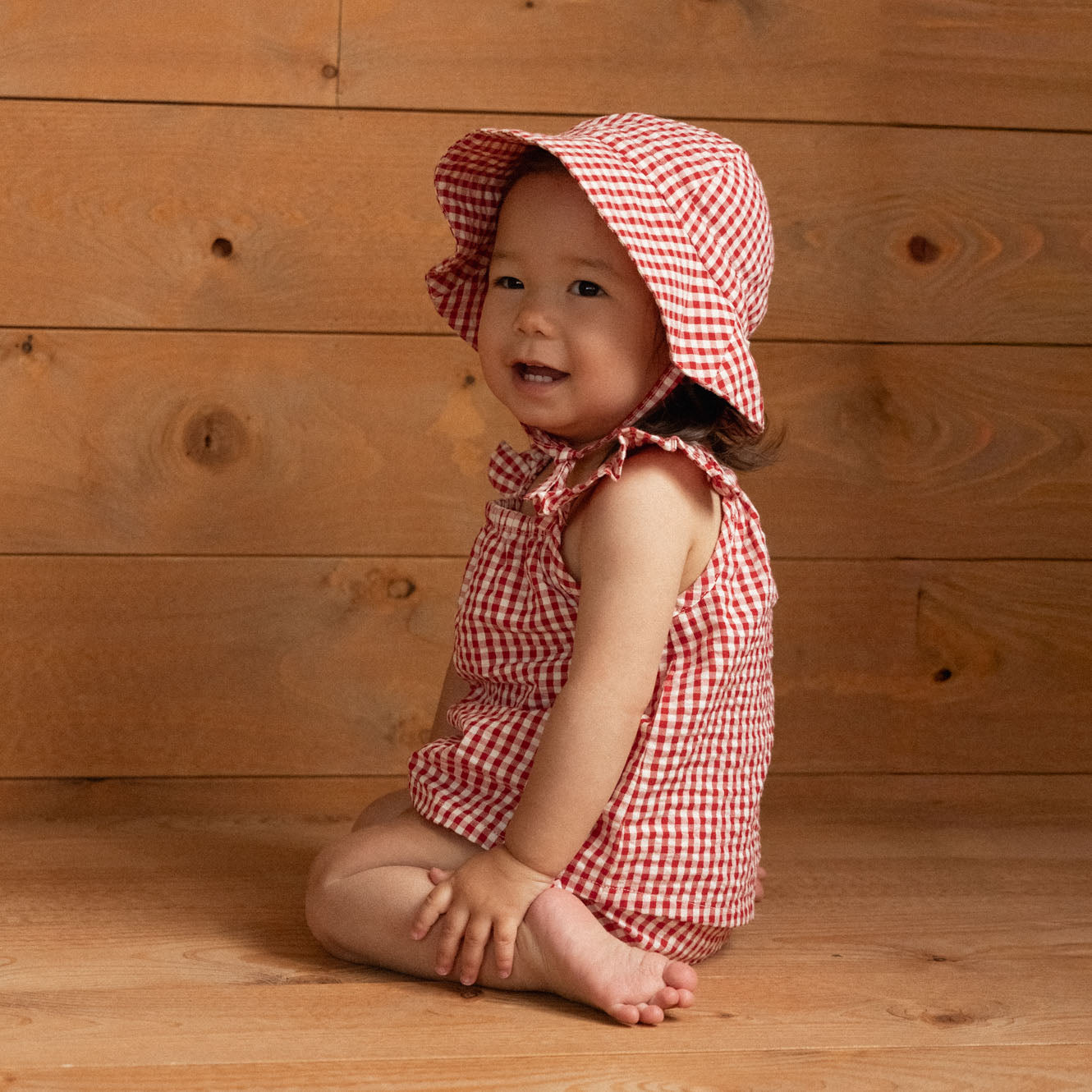 Petal Set in Red Gingham, worn