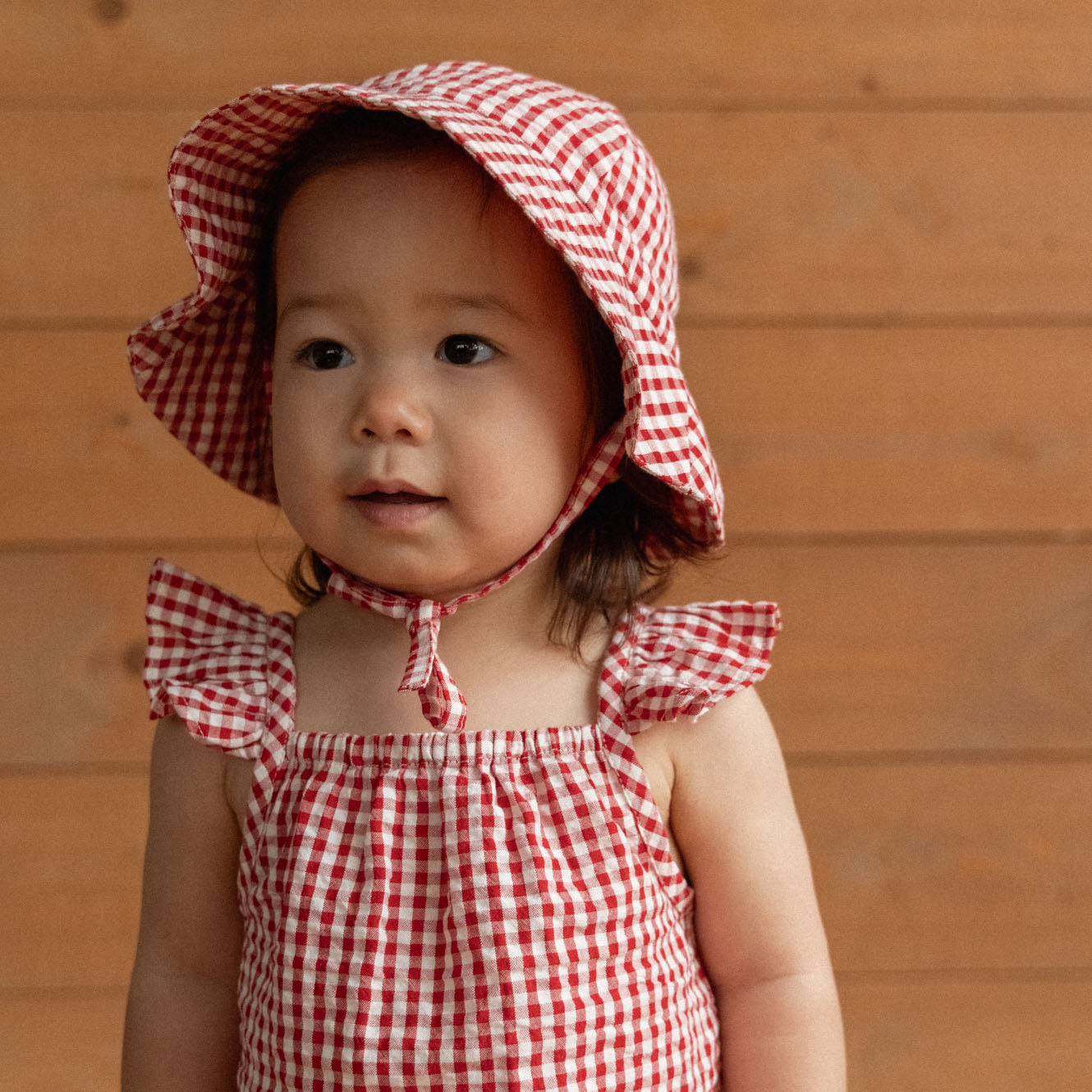 Petal Set in Red Gingham, worn