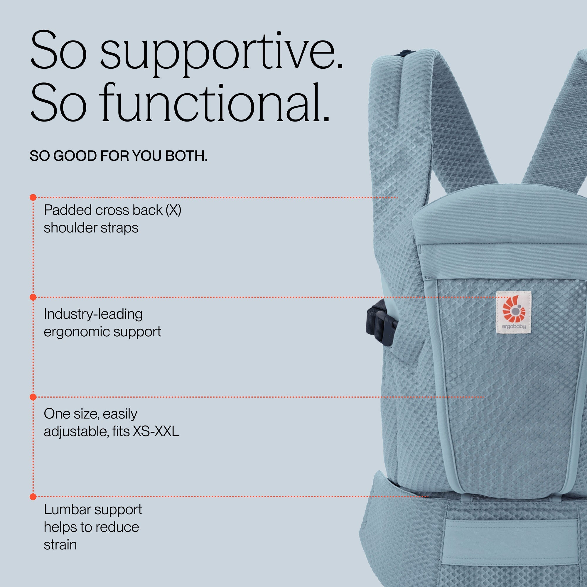 Ergobaby Omni Lite features: padded cross back straps, ergonomic support, one size fits XS-XXL, lumbar support