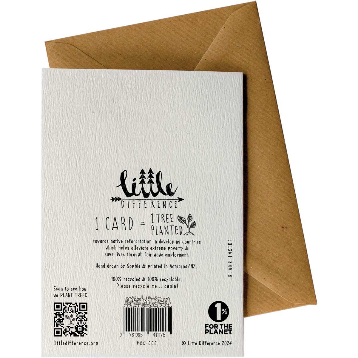 Back of Little Difference card with recycled kraft envelope