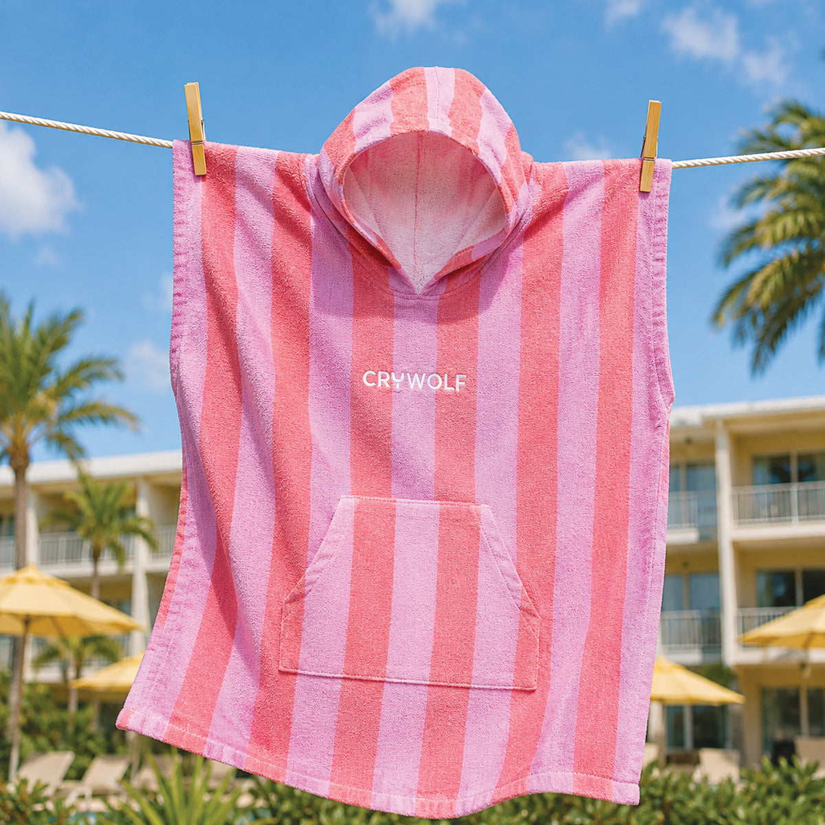 Crywolf Hooded Towel in Flamingo Stripe - lifestyle 1