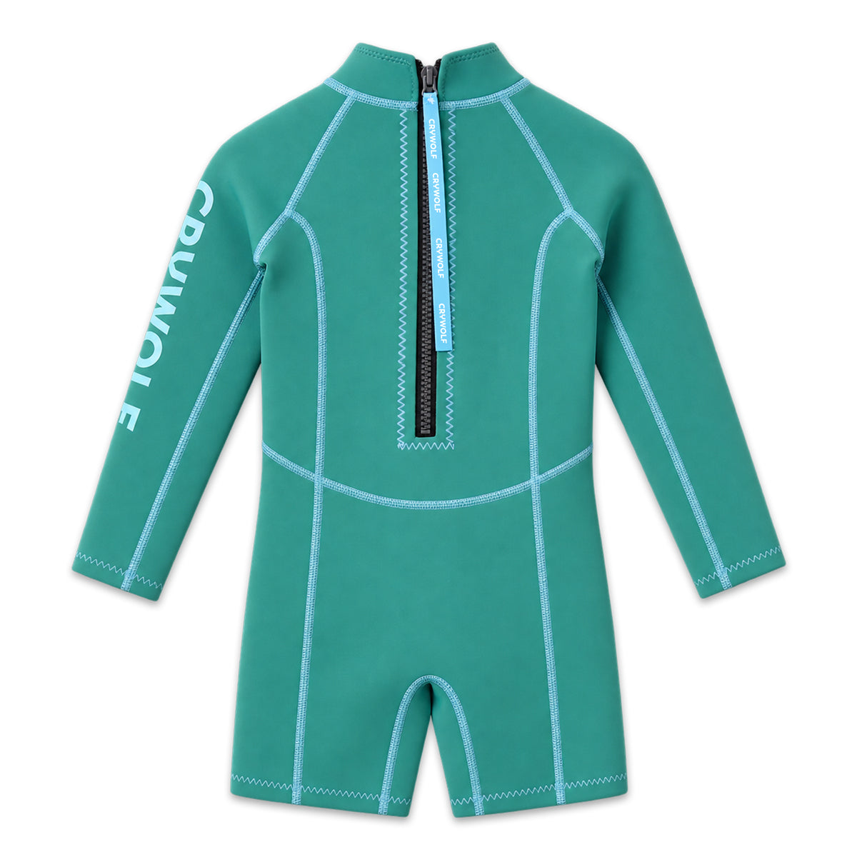 Crywolf kids long sleeve wetsuit in Sea Green, back view showing the YKK zip